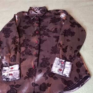 Women's KATHY IRELAND Button Up Blouse Top Sz M Long Sleeve Gray Black Flower.